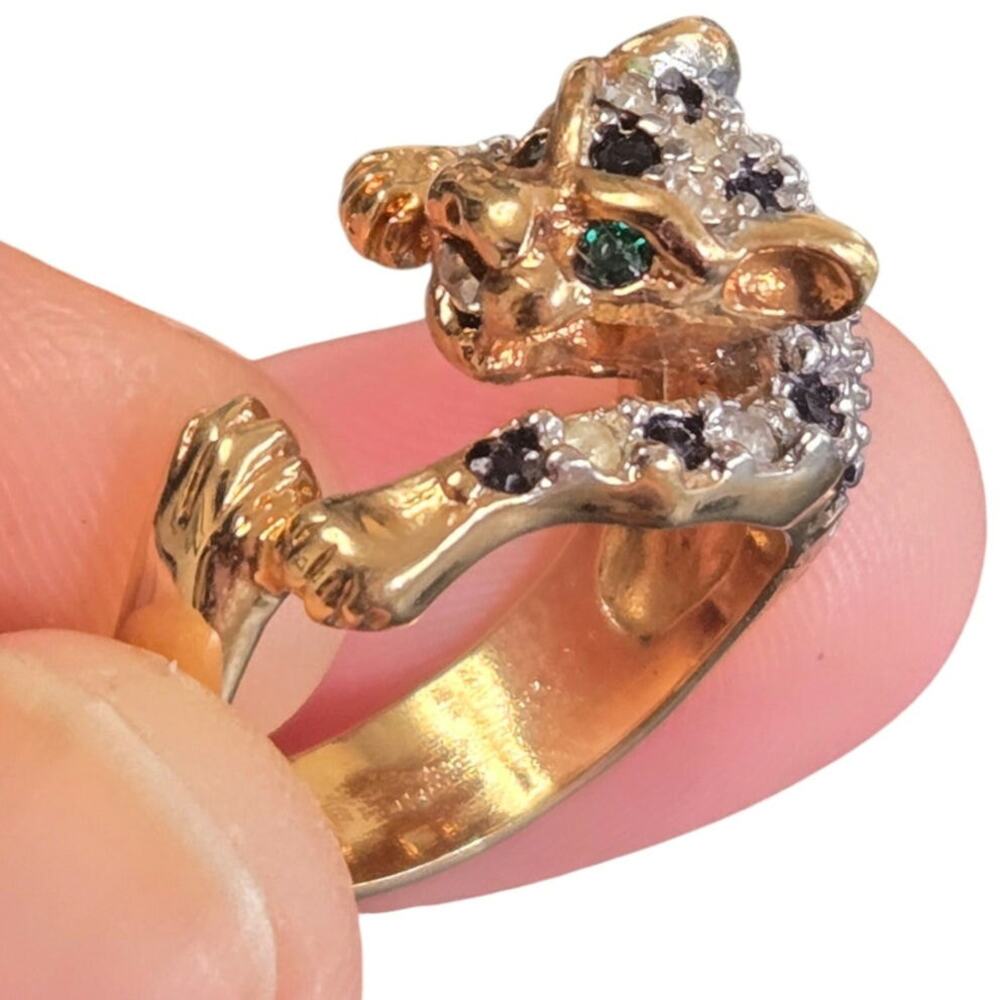 Vintage Goldtone Panther Ring Clear, Green Rhinestones Sz 6
